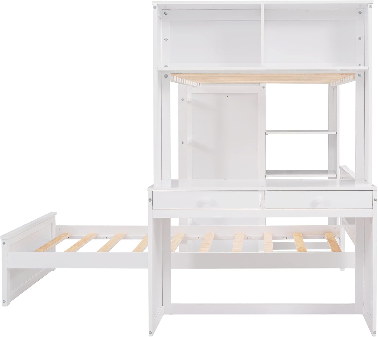 Twin Wooden Bunk Loft Bed with Shelves Desk and Wardrobe for Kids Teens Adults, White