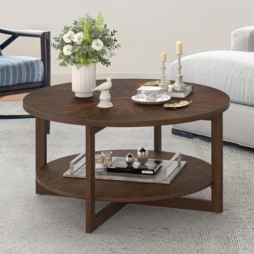 Round Coffee Table, 35" Rustic Modern Circle Coffee Tables with 2-Tier Storage Shelf, Sofa Table, Cocktail Table for Living Room, Dark Brown