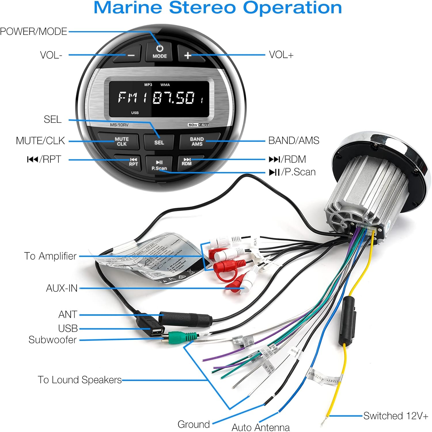 Bluetooth Marine Radio Boat Stereo: Waterproof Boat Audio Receiver - Digital Marine Grade Player with FM AM Radio | USB/AUX-in/MP3 | Subwoofer | Pre-Amp&EQ