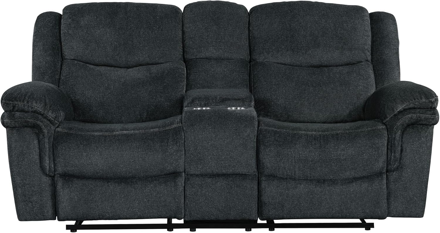 Home Theater Seating Manual Reclining Sofa with Hide-Away Storage, Cup Holders, 2 USB Ports, 2 Power Sockets for Living Room, Bedroom, Dark Blue