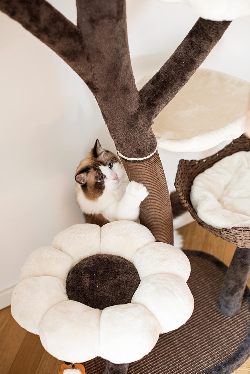 Catry Cat Tree - Woodowoodo - All-in-One Cat Tower with Cat Scratching Post, Cat Hammock, Hand Woven Paper Baskets, & Teasing Toy