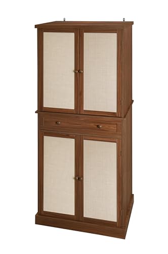 Kitchen Pantry Storage Cabinet, Tall Cabinet with 4 Rattan Doors and 1 Drawers, Freestanding Cupboard with Adjustable Shelves, Utility Pantry for Kitchen, Dining Room (Walnut)