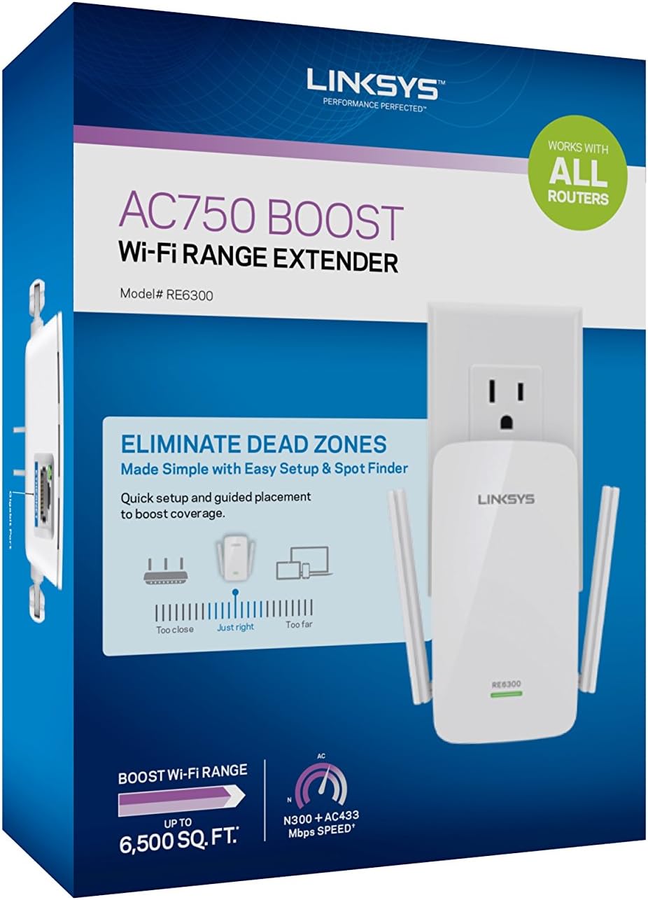 Linksys WiFi Extender, WiFi 5 Range Booster, Dual-Band Booster, 1,000 Sq. ft Coverage, Speeds up to (AC750) 750Mbps - RE6300 Pack of 2