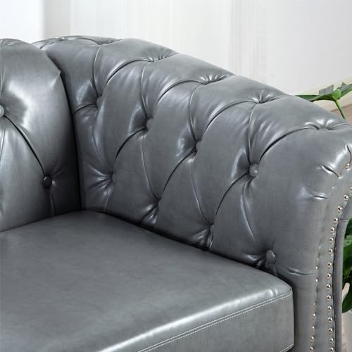 Couch, 3 Seater Sofa, Comfy PU Rolled Arm Chesterfield Couch, 84.65" Mid Century Modern Couches with Silver Studs Trim and Wooden Legs for Living Room Bed Room Apartment, Orange