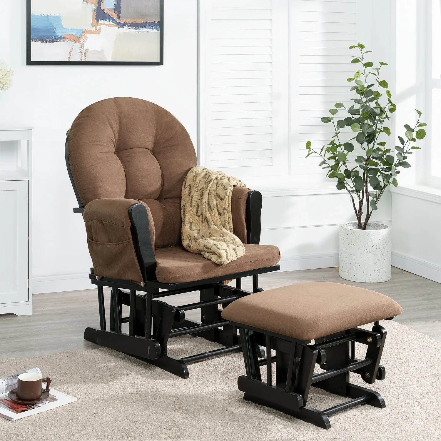 Nursery Glider & Ottoman Sets, Reclining Swivel Glider Rocker with Ottoman, Nursery Rocking Chair for Baby Room, Upholstered Nursery Recliner Glider with Ottoman, Padded Arms - Chocolate, Black