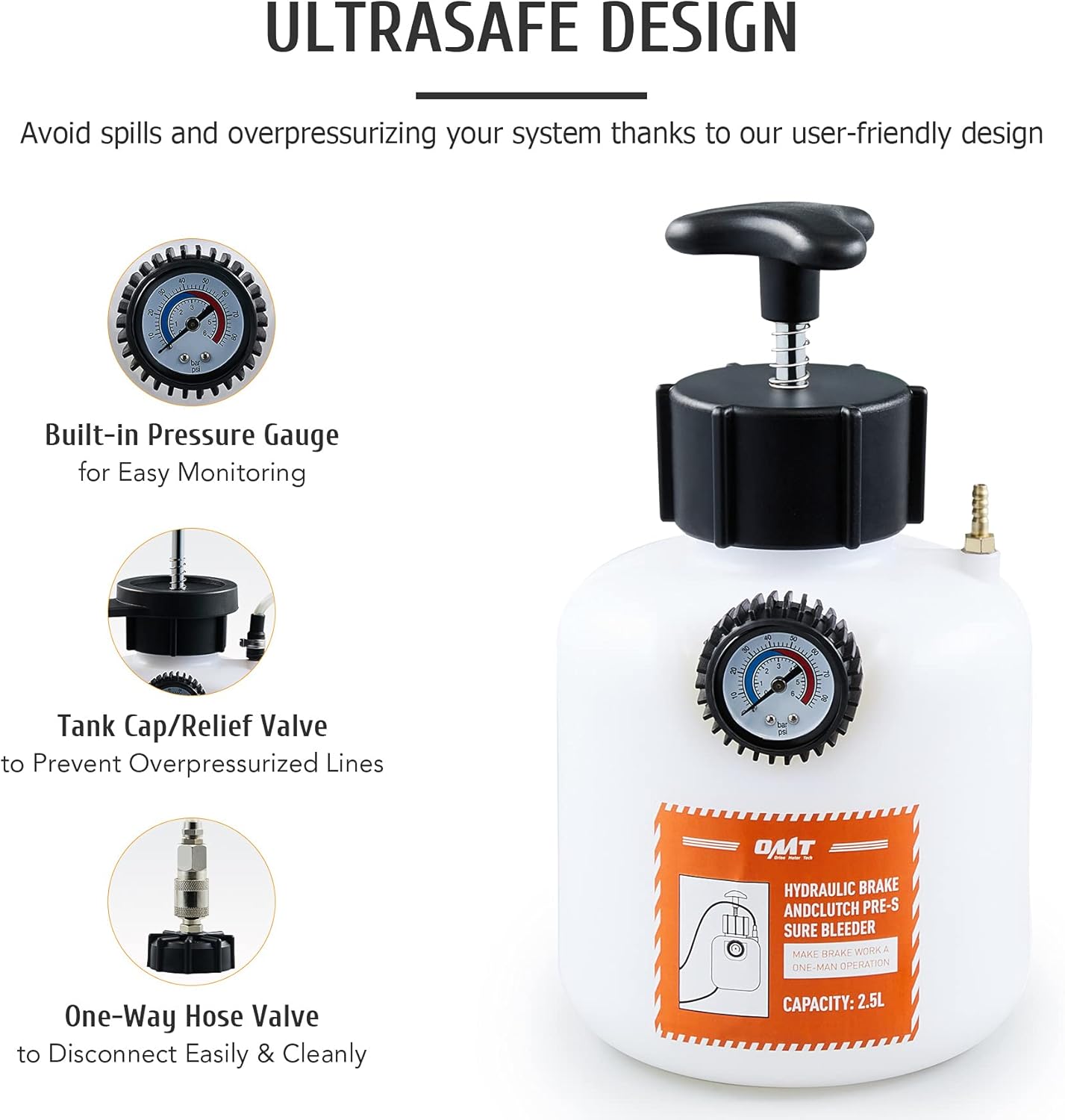 Orion Motor Tech Brake Pressure Bleeder, European Brake Bleeder with Hand Pump, 2.5L Pressure Brake Bleeder with Hose and European Adapter, Manual Brake Fluid Pressure Bleeder Pack of 2