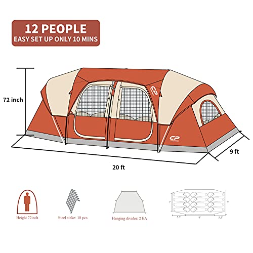 CAMPROS CP Tent 12-Person-Camping-Tents,3 Room Family Tents,Waterproof Windproof Family Tent with Top Rainfly,6 Large Mesh Windows,Double Layer,Easy Set Up, Portable with Carry Bag-20' x 9' x 72"(H)