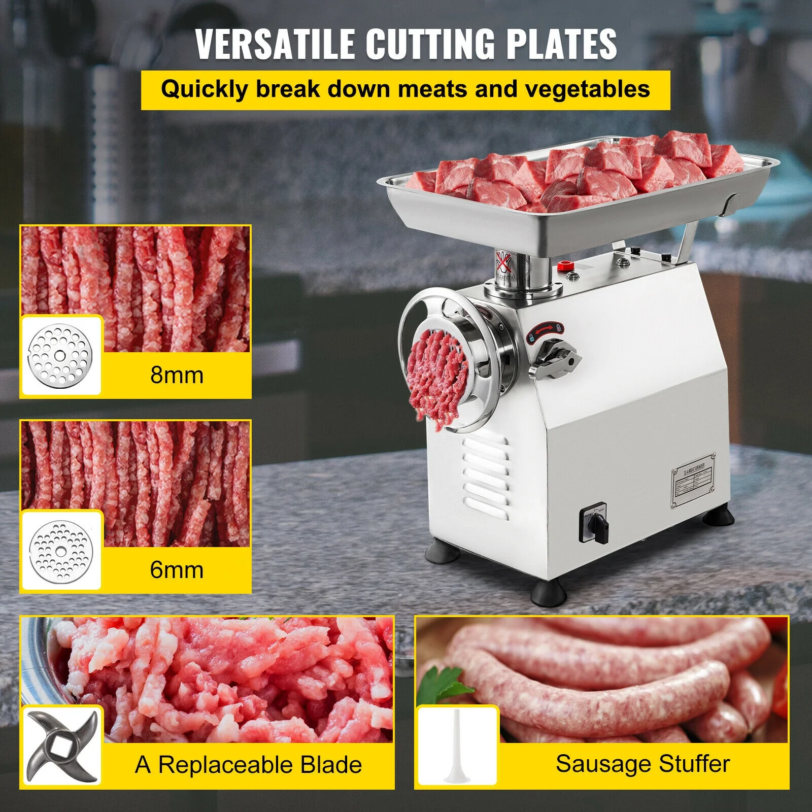 VEVORbrand Commercial Electric Meat Grinder 770lbs/h,Electric Sausage Maker 2200W,Stainless Steel With 2 Grinding Heads & 2 Blades For Restaurants,Supermarkets,Silver