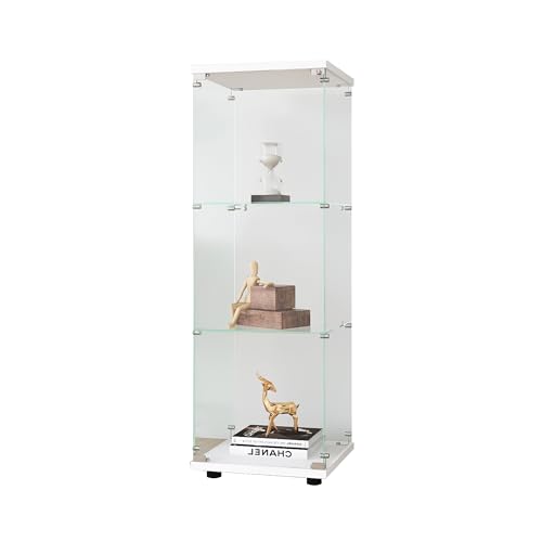 Glass Display Cabinet with 3 Shelves, One-Door Curio Cabinets for Living Room, Bedroom, Office, White Floor Standing Glass Bookshelf, Quick Installation