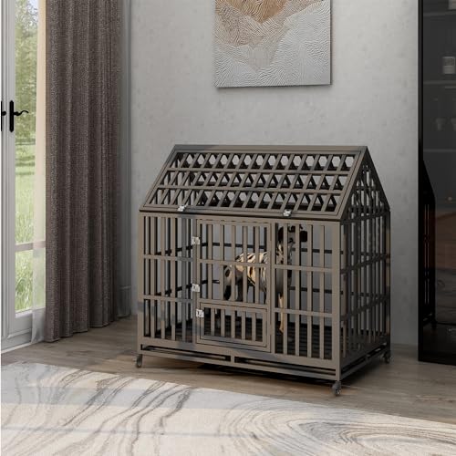 Heavy Duty Dog Crate Dog Cage, Indestructible Metal Dog Kennel Lockable for Medium Large Dogs with Sturdy Door Lock and Removable Trays, Roof Top Access, 47 Inch