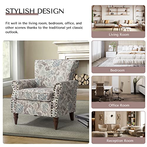 HULALA HOME Modern Wingback Accent Chair with Wood Legs & Removable Cushion, Comfy Upholstered Armchair with Nailhead Trim, Floral Pattern Single Sofa Chair for Living Room Bedroom, Pink