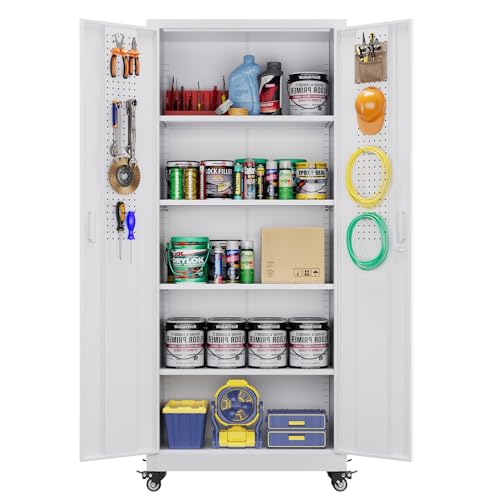 Aobabo 71" H×34" W×18" D Garage Metal Storage Cabinet with Wheels, Locking Steel Storage Cabinet with 5 Shelves and 4 Hooks, for Home Office, School, Assembly Required, Black Silver