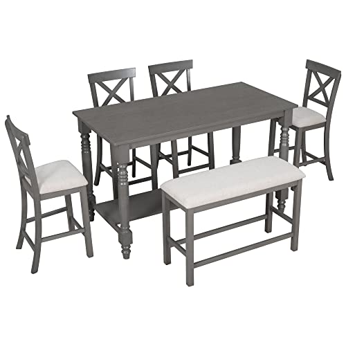 UBGO 6 6,6-Piece Counter Height Set Table with Shelf 4 Chairs and Bench for for Kitchen, Dining Room,Breakfast Corner, Gray-b