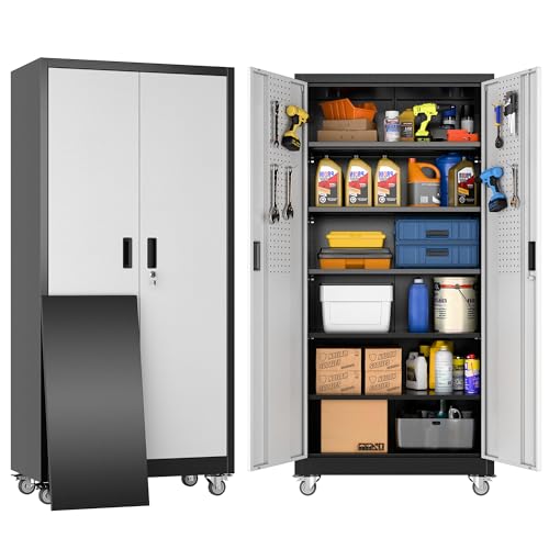Aobabo 71" H×34" W×18" D Garage Metal Storage Cabinet with Wheels, Locking Steel Storage Cabinet with 5 Shelves and 4 Hooks, for Home Office, School, Assembly Required, Black Silver