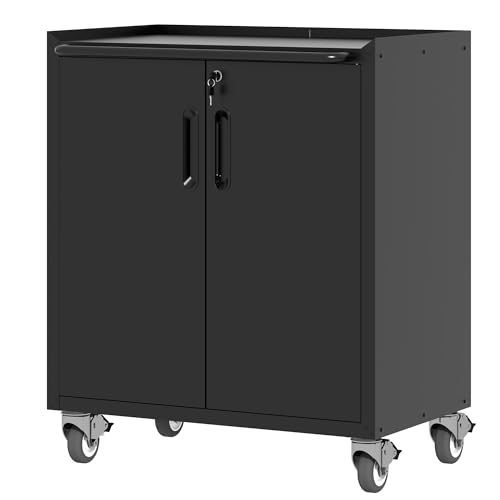 Metal Storage Cabinet with Wheels, Lockable Garage Cabinet with Doors and Shelves, Rolling Tool Storage, Assembly Required, Black