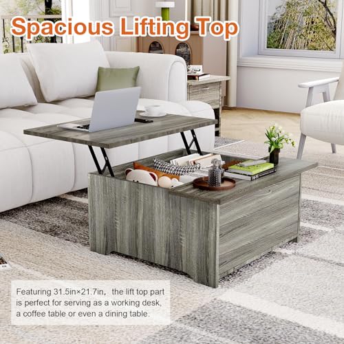 31.5'' Lift Top Coffee Table with Storage, Wood Square Coffee Table with Large Hidden Storage Compartments and Adjustable Shelf, Rustic Center Table for Living Room, Gray Oak