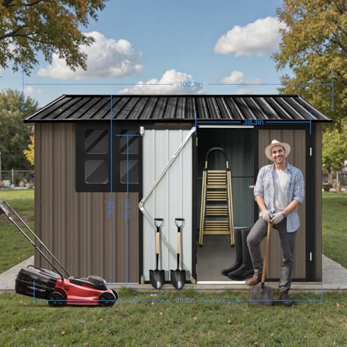 10' x 8' Large Outdoor Storage Shed, Sturdy Metal Building w/Windows & Lockable Doors for Garden, Backyard, Poolside and Lawn, Grey