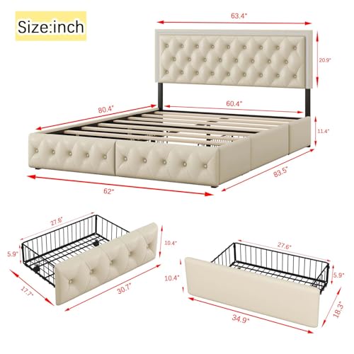 Queen Size Upholstered Bed Frame with 4 Storage Drawers, Button Tufted Adjustable Headboard PU Leather Platform Bed with LED Light, No Box Spring Needed (Black)