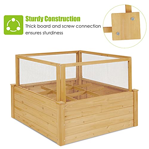 Giantex Raised Garden Bed with Fence, Wood Planter Raised Bed with Critter Guard Fence, 9 Grids Plant Container, Outdoor Plant Box for Garden Patio Backyard Balcony (42" Lx42 Wx32.5 H)