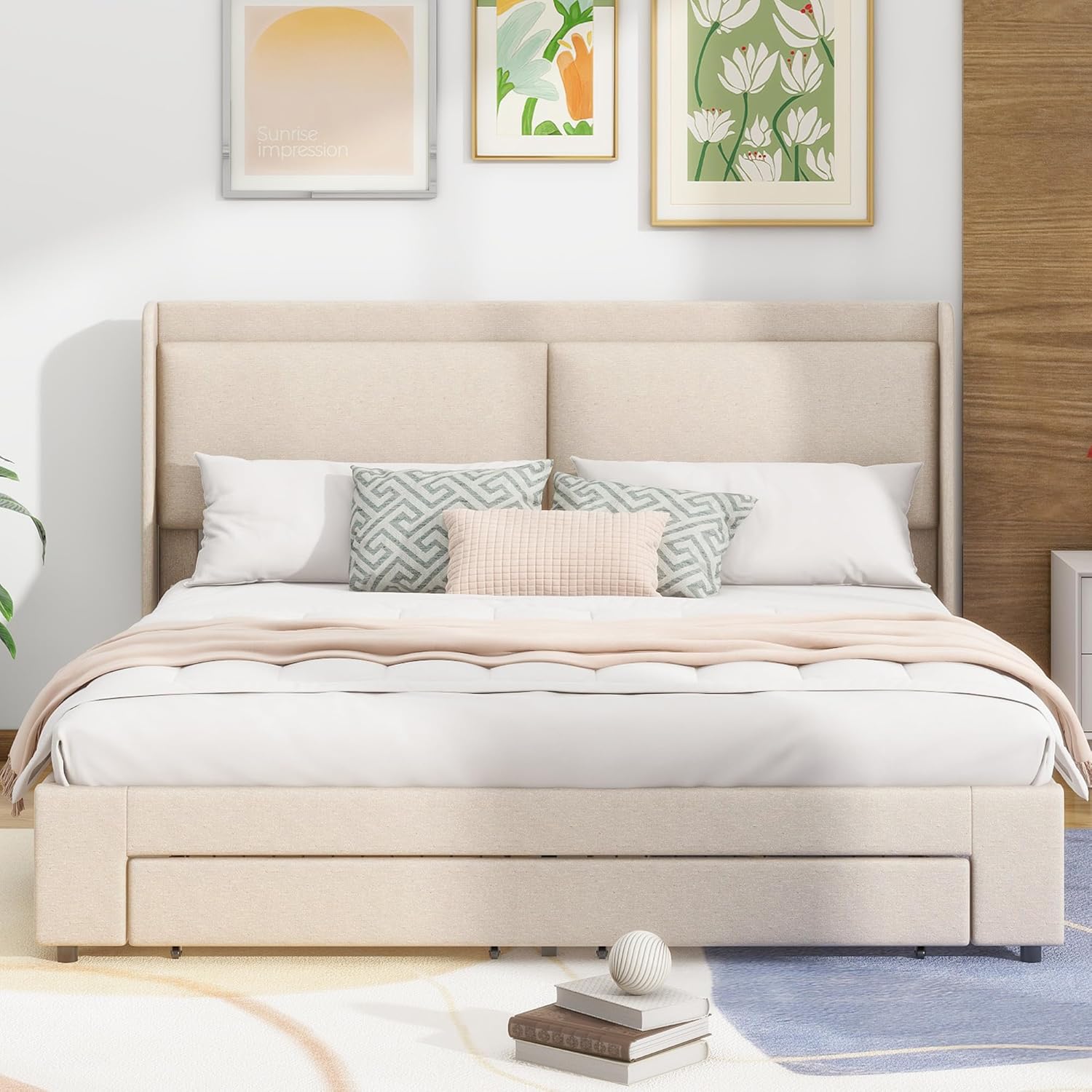Queen Size Upholstered Hydraulic, Modern Platform Bed Frame with Lift Up Storage Space, 2 Drawers and Wingback Headboard, for Bedroom, Guestroom, Beige
