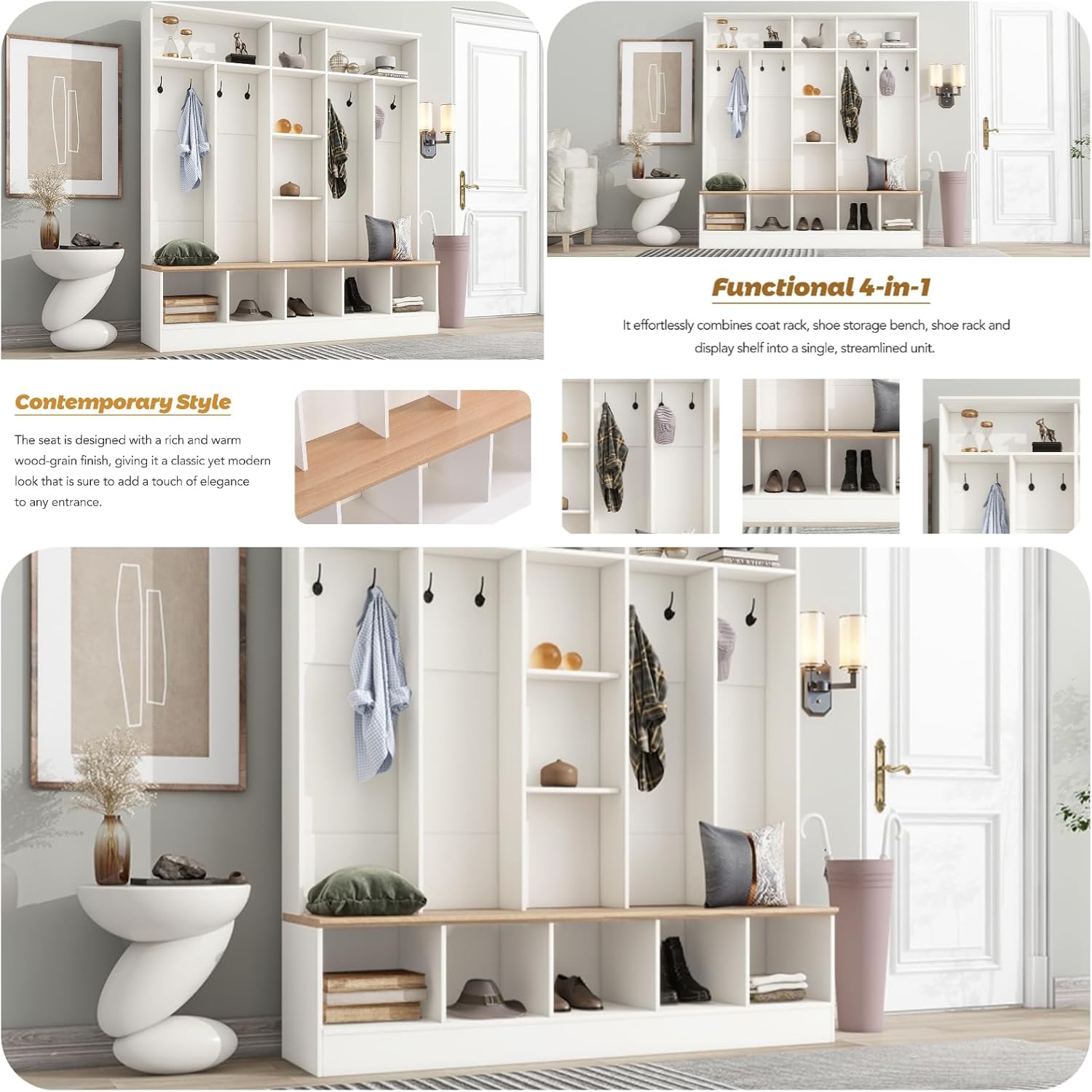 Multifunctional Coat Rack with 8 Hooks for Entryways, Wide Design Hall Tree with Storage Bench, Minimalist Shoe Cabinet with Cube Storage & Shelves, Mudroom, White