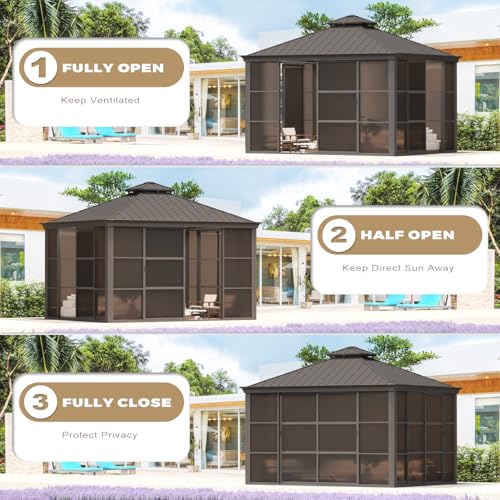 EROMMY 12' x 15' Sunroom, Solarium Gazebo with Aluminum Frame and Polycarbonate Roof, Outdoor Permanent Sun Room with Moveable PVC Screen and Sliding Door for Garden, Patio, Deck, Lawns
