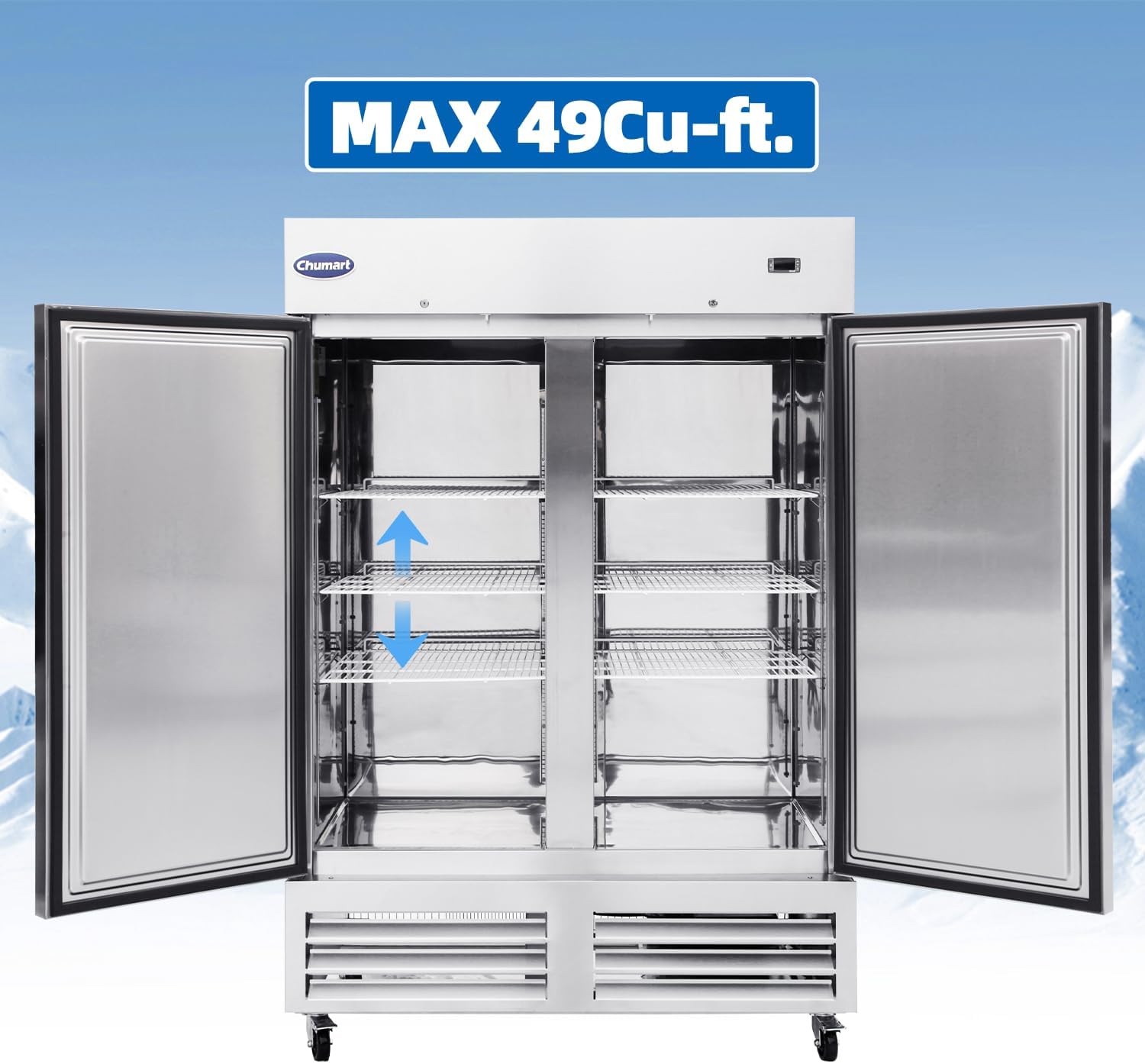 54" W Commercial Freezer with 2 door Stainless Steel 49 Cu. Ft Reach-in Freezer 6 Adjustable shelves Fan Cooling Freezer for Restaurant, Commercial Kitchen, Shop, ETL Certification