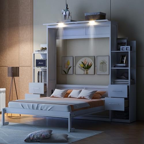 Queen Size Murphy Bed Wall Bed with 2 Side Cabinet Storage Shelf & Desk Combo,68-inch Vertical Wall Bedframe w/Can Be Folded for Bedroom Guest Room Small Space, White