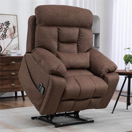 Light Grey Recliner Chair for Elderly | Tall and Big Man 400lbs | Chenille | Power Lift, Lay Flat, Stand Up, Wireless Charging Device, Extended Footrest, Massage Heat, Cup Holder, Lumbar Pillow