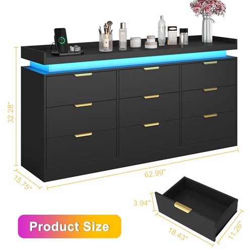 White Dresser with LED Lights, Wooden LED Dresser, 4 Drawer Chest with Charging Station, Tall Chest of Drawer Closet Organizer for Bedroom, Living Room, Entryway, Hallway
