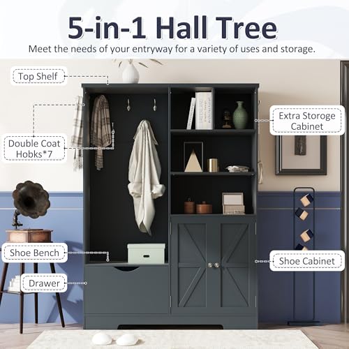 Hall Tree with Bench and Shoe Storage, Multi-functional Hall Tree with Storage Shelves Drawers and Cabinet, Modern Coat Rack with Hooks for Hallway Entryways (Antique Blue)