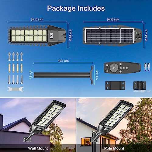 2 Pack 3200W Solar Street Lights Outdoor, Dusk to Dawn Street Lights Solar Powered with Motion Sensor Waterproof IP66 6500K Solar Parking Lot Lights for Yard, Garage