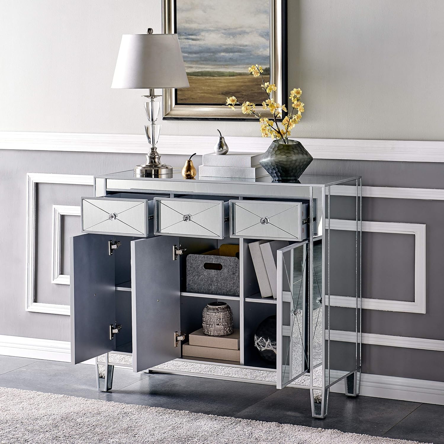 SEI FURNITURE Mirage Cabinet, Mirrored with matte silver trim.