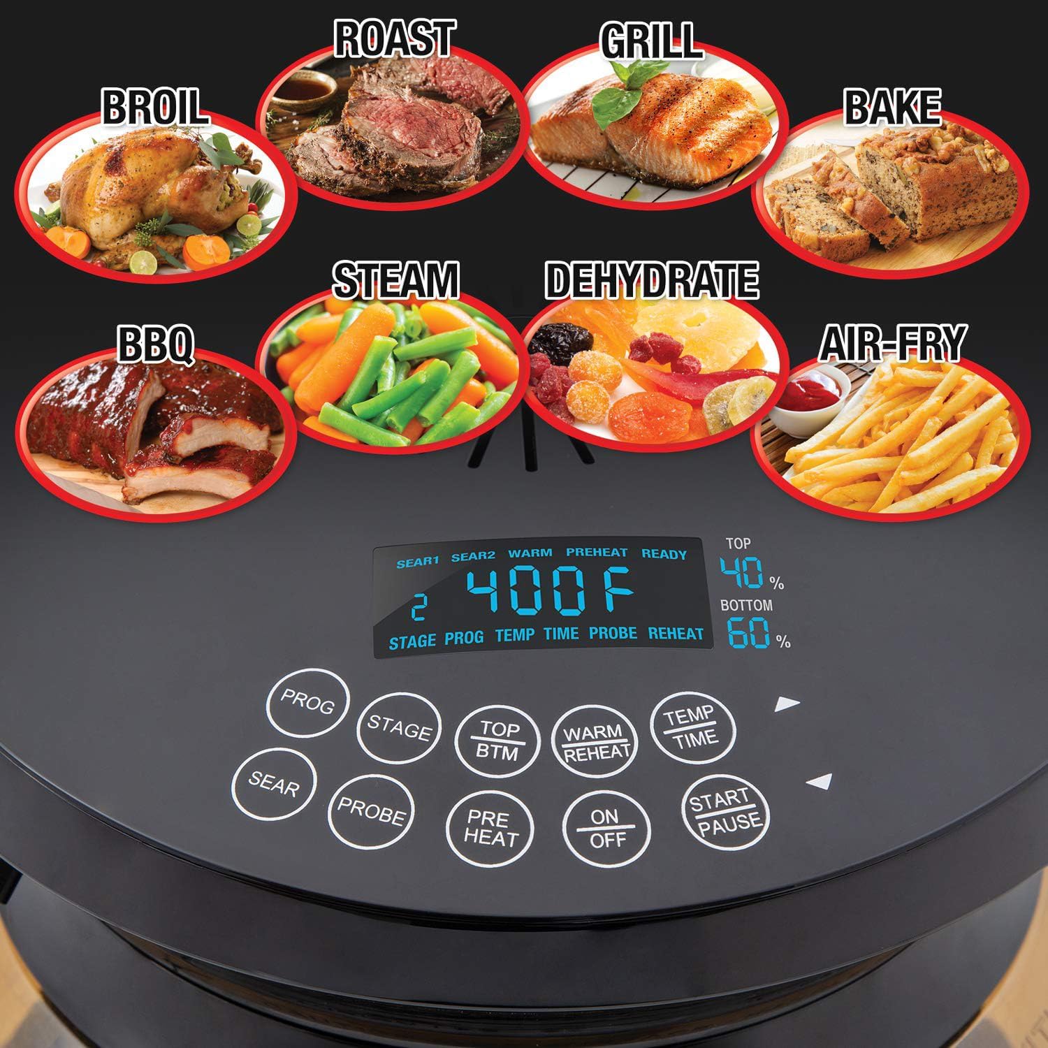 Nuwave Primo Grill Oven, Countertop Toaster Oven Convection Top & Grill Bottom for Surround Cooking, Cook Frozen or Fresh, Smart Thermometer