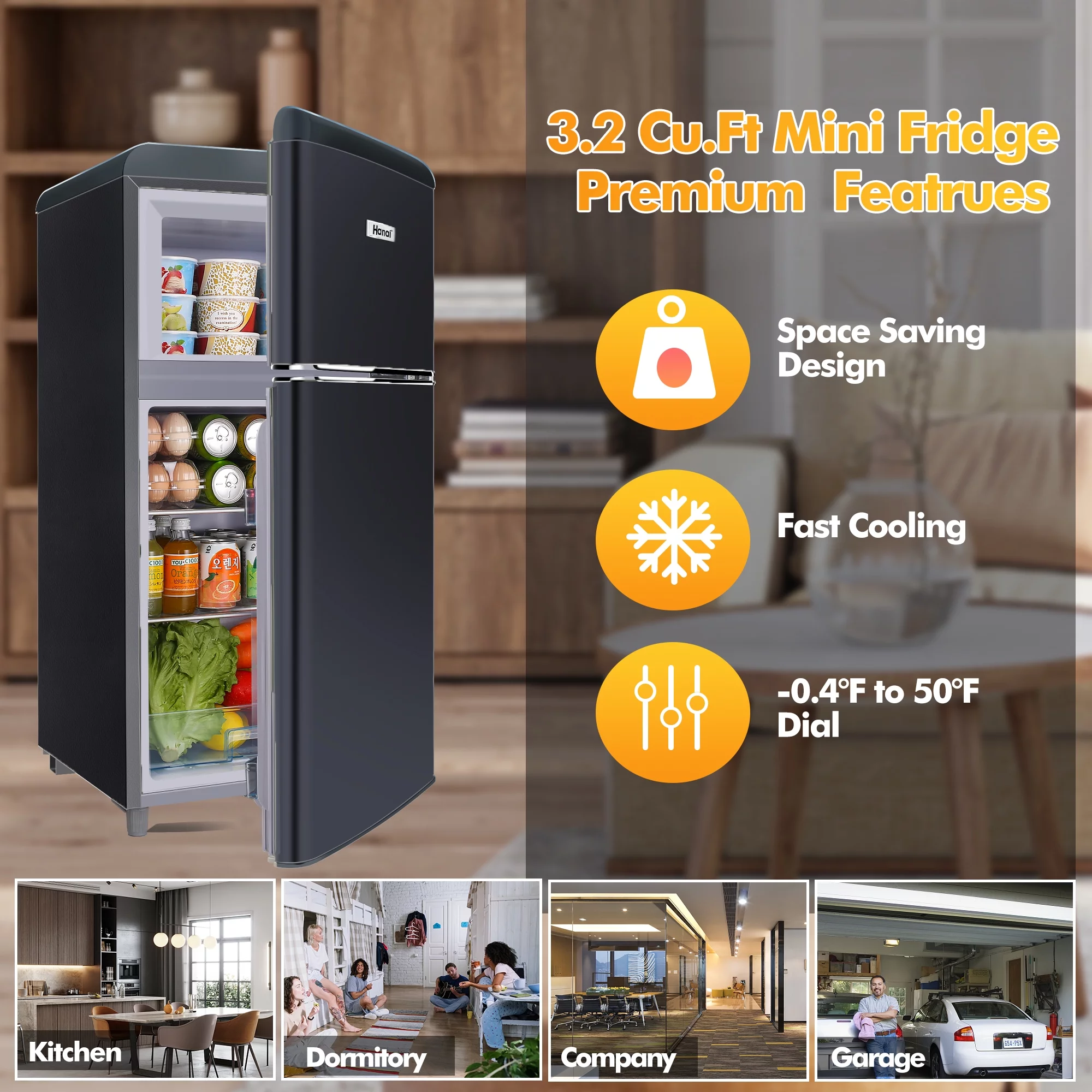 WANAI 3.5 Cu Feet Two Door Mini Fridge with Freezer,Black