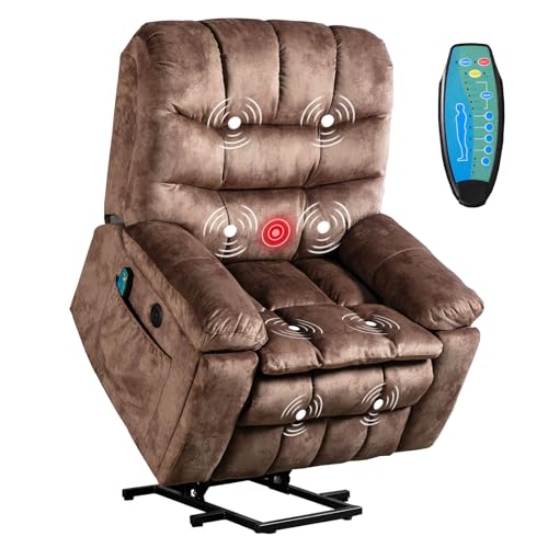 Phoenix Home Large Power Lift Recliner with Massage and Heat for Elderly, Heavy Duty & Safety Motion Reclining Mechanism, Ergonomic Electric Wider Chair with USB Port, 2 Hidden Cup Holders, Brown