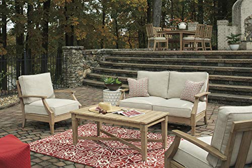 Signature Design by Ashley Carter Hall Outdoor Eucalyptus Patio Sofa with Cushion, Beige