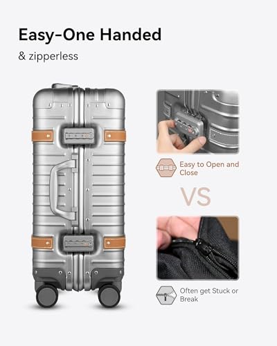 LUGGEX All Aluminum Carry On Luggage with Wheels - Zipperless Hardshell Luggage with TSA Lock (Silver Suitcase,20 Inch)