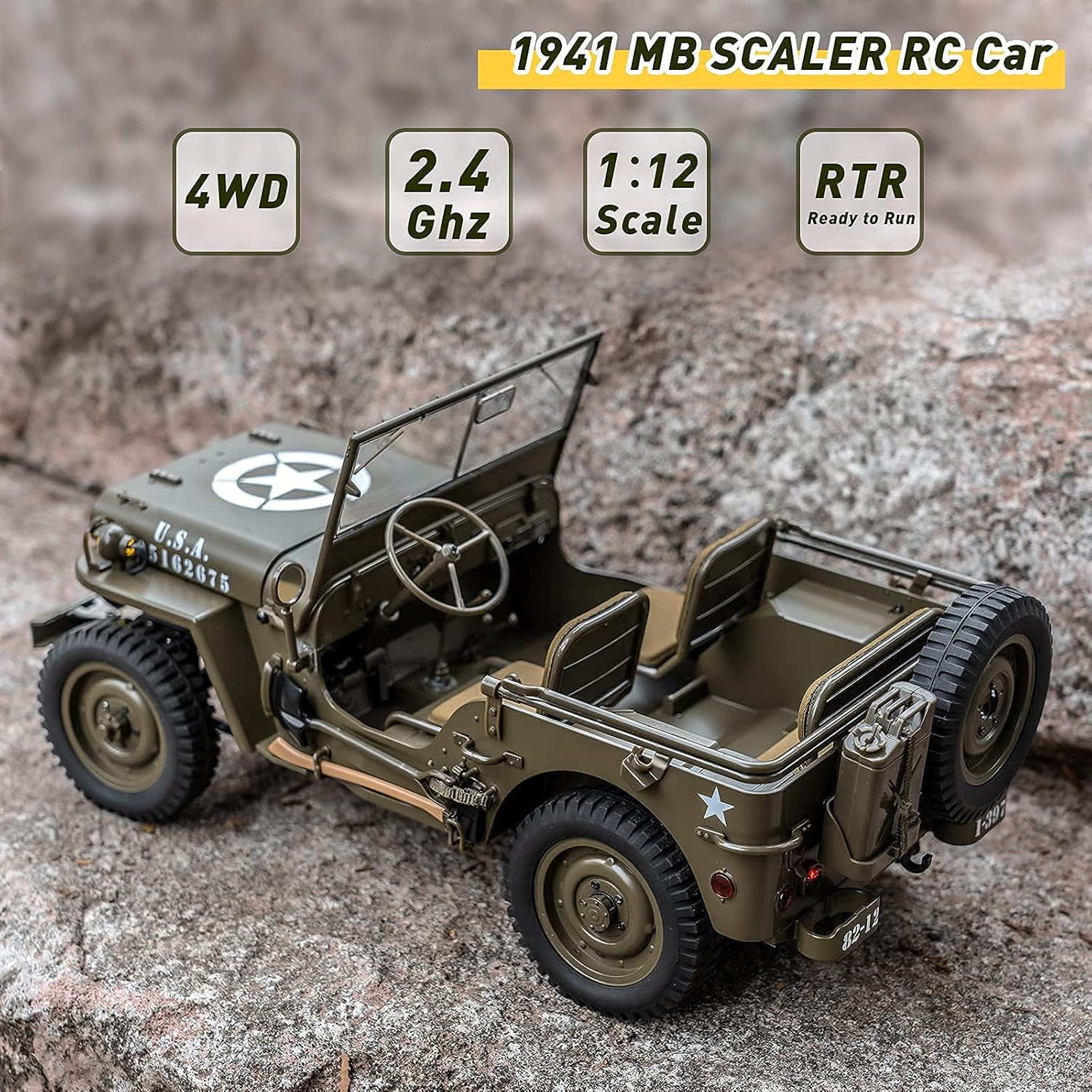 RocHobby 1/12 1941 MB Scaler RC Jeep, 4x4 Hobby Grade RTR RC Car Mini RC Rock Crawler Military, 2.4Ghz RC Truck with 180 Brushed Motor, LED Lights, Battery and USB Charger for Adults