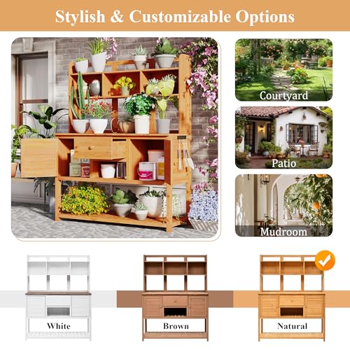 Outdoor Wooden Potting Bench Table – Farmhouse Garden Workstation with Drawers, Cabinet & Storage Shelves, Large Fir Wood Work Table for Patio, Backyard, Mudroom, Greenhouse (Light Brown, 66''H)