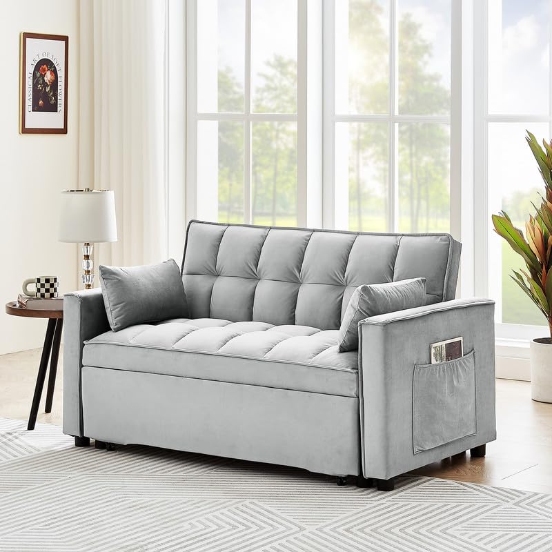 55" Convertible Sleeper Sofa Bed with USB Port, 3 in 1 Velvet Loveseat with Pull Out Bed, Small Love Seat Futon Couch Bed with 2 Pillows for Living Room Apartment,Beige