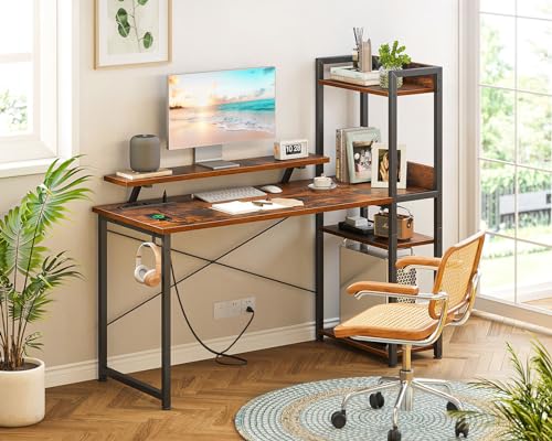 ODK Reversible Gaming Desk with Power Outlets, 40 Inch Computer Desk with Storage Shelves and Monitor Stand, Small Gamer Desk for Home Office, Small Space Bedroom, Carbon Fiber Black