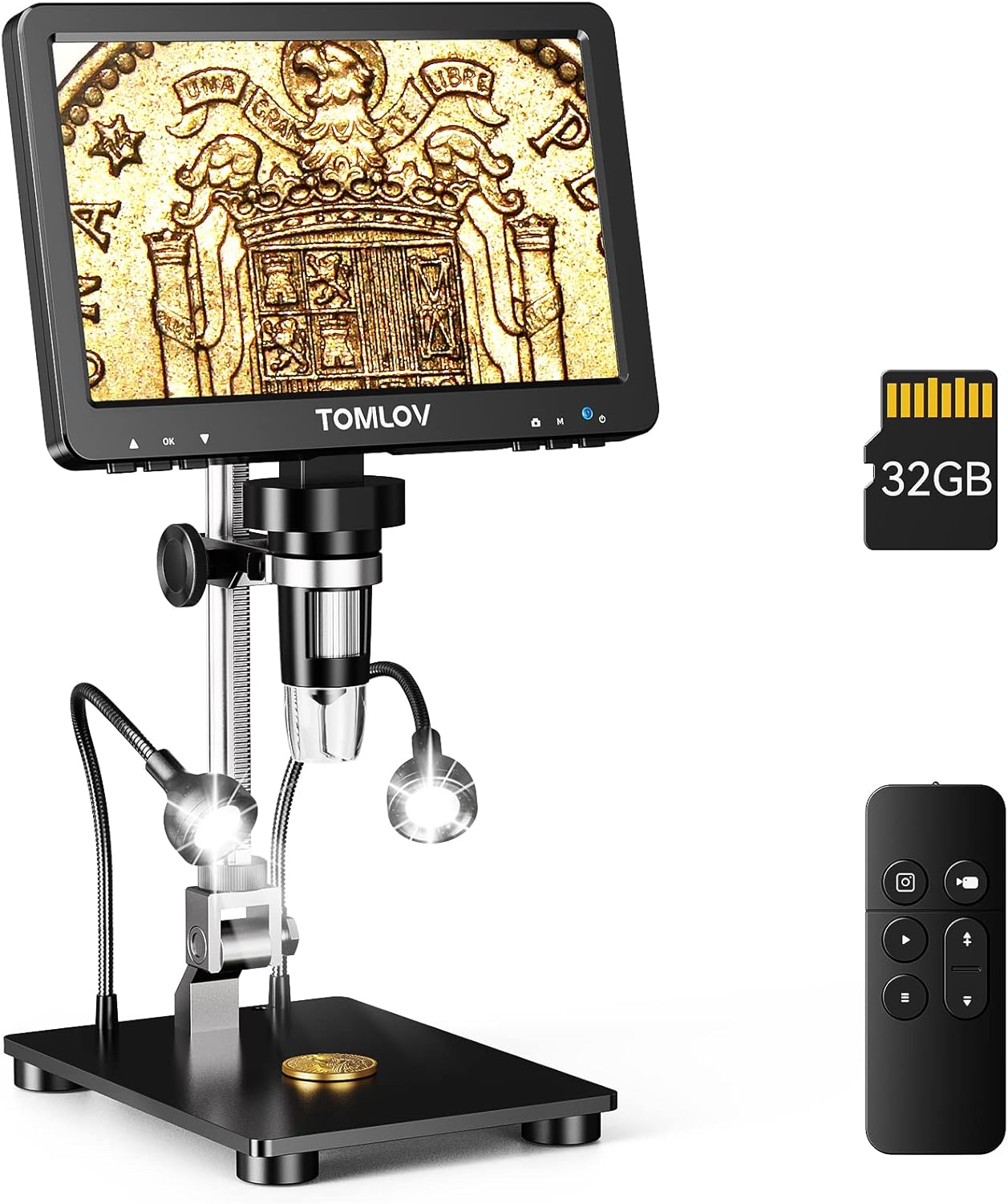 TOMLOV DM9 Pro 7" HDMI Digital Microscope 1200X with IPS Screen, 1080P 16MP Coin Microscope Magnifier for Entire Coin View, LCD Soldering Microscope for Adult, 10 LED Lights, PC/TV Compatible, 32GB