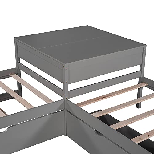 Harper & Bright Designs L-Shaped Corner Platform Beds with Trundle, Wood Double Twin Size Beds with 2 Drawers, Built-in Table for Family Kids Teens Bedroom Furniture (Grey)