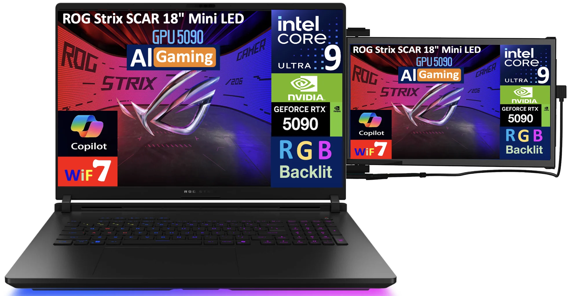 ASUS ROG Strix SCAR AI Gaming Laptop 18in 240Hz Mini LED WQXGA Display (Intel Ultra 9- 275HX, NVIDIA GeForce RTX 5090 24GB, 32GB DDR5, 8TB PCIe SSD, RGB KB, Win 11 Pro) w/Duex Max DS Monitor