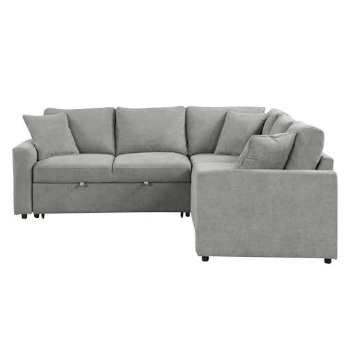 U Shaped Convertible Sectional Sofa Pull Out Bed with Left Hand Chaise , Deep Seat Reversible Sleeper Corner Couch with Stoage and Detachable Backrest, Corduroy Upholstered Sofabed for Living Room