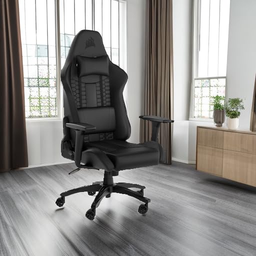 Corsair TC100 Relaxed Gaming Chair - Fabric - Racing-Inspired Design - Lumbar Pillow - Detachable Memory Foam Neck Pillow - Adjustable Seat Height - Adjustable Armrests - Gray and Black