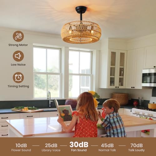 20" Farmhouse Caged Ceiling Fan with Lights Remote Control, Cage Low Profile Bladeless Ceiling Fan, Boho Ceiling Fans with Light for Kitchen, Bedroom, Dining Room