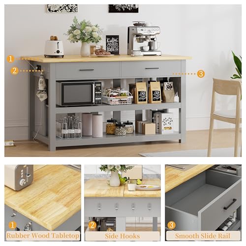47.3" Solid Rubberwood Kitchen Island with Power Outlets - Extra Large Work Surface, 2 Drawers & Open Shelves Storage Cabinet for Kitchen Dining Room, Farmhouse Style (Grey)