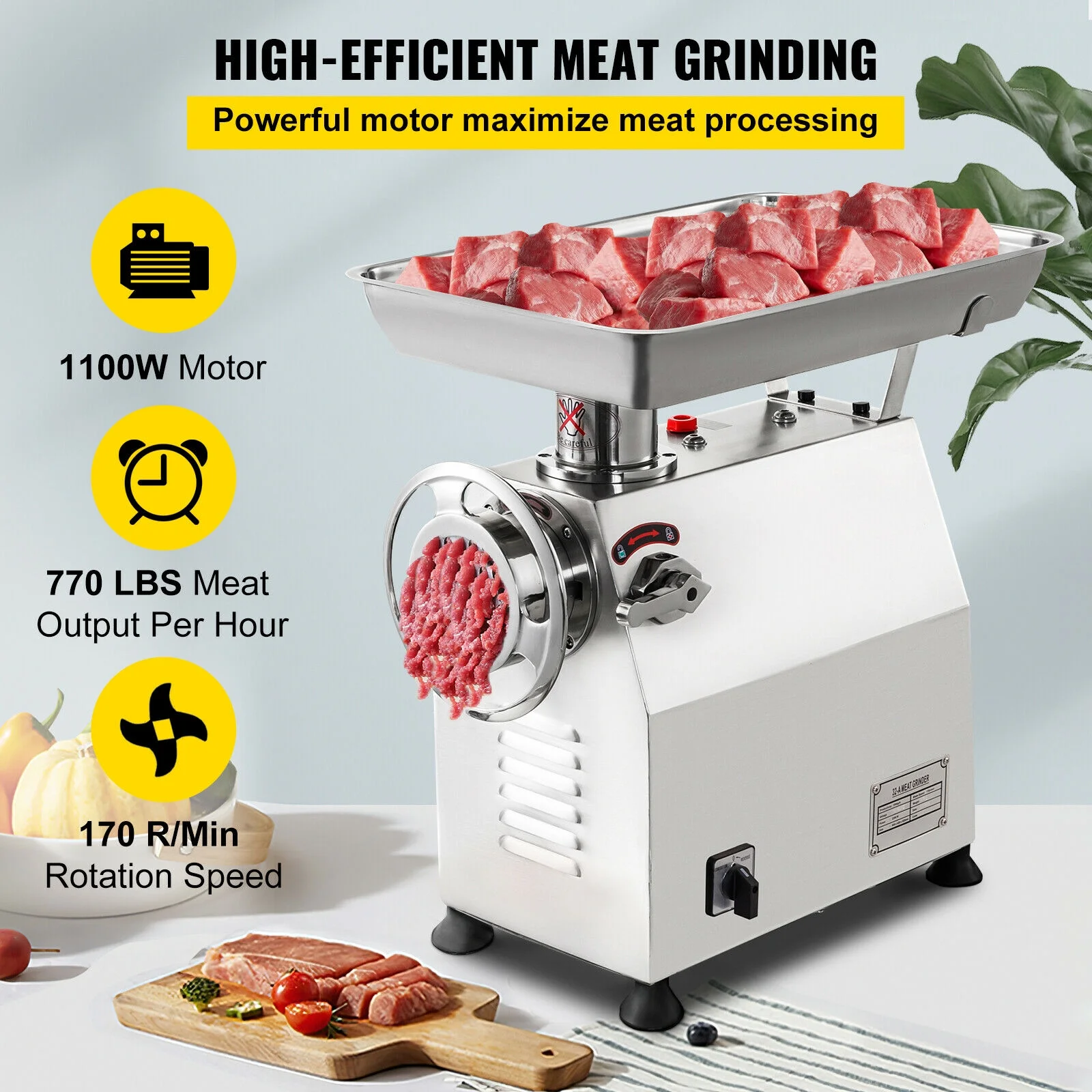 VEVORbrand Commercial Electric Meat Grinder 770lbs/h,Electric Sausage Maker 2200W,Stainless Steel With 2 Grinding Heads & 2 Blades For Restaurants,Supermarkets,Silver